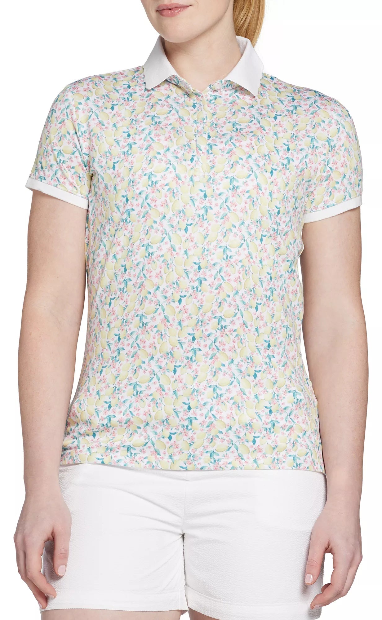 Walter Hagen Women's Scallop Short Sleeve Golf Polo, XL, Fresco Ditsy Lemon Yellow