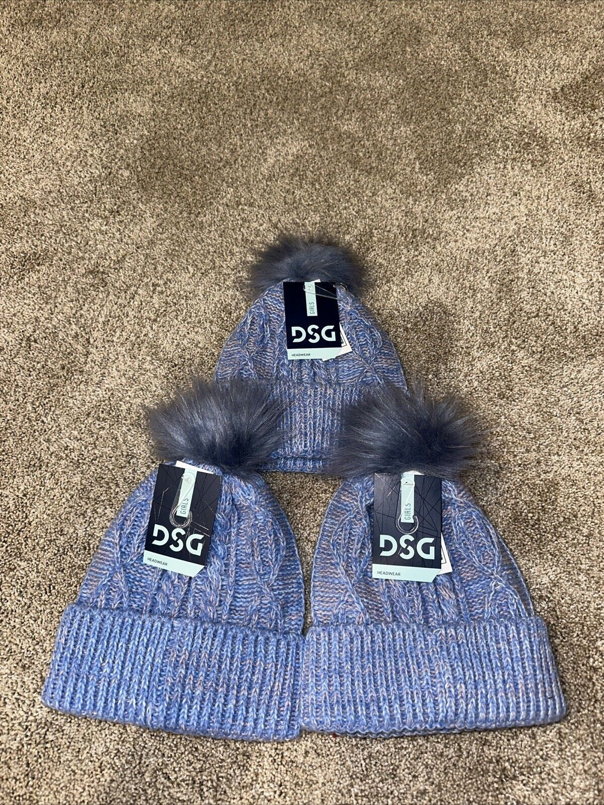 NWT DSG Girls Headwear Cable Pom Beanie Stocking Cap 3 Hats Blue Melange Winter