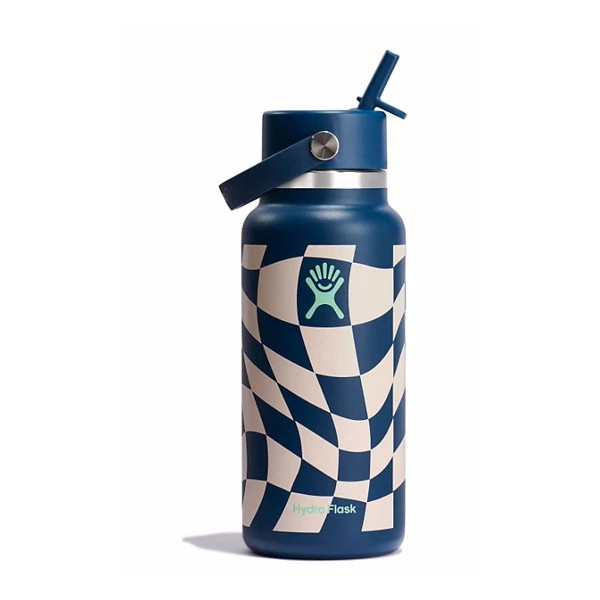 Hydro Flask 32 Oz. Wide Mouth Bottle with Flex Straw Cap - Graphic Collection, Checkered Blue