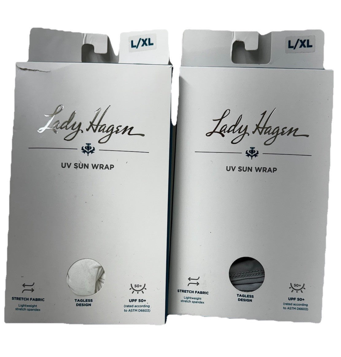 Lady Hagen UV 50+ Shoulder Sun Wraps for Arms 2 Pc White Gray L XL Spandex