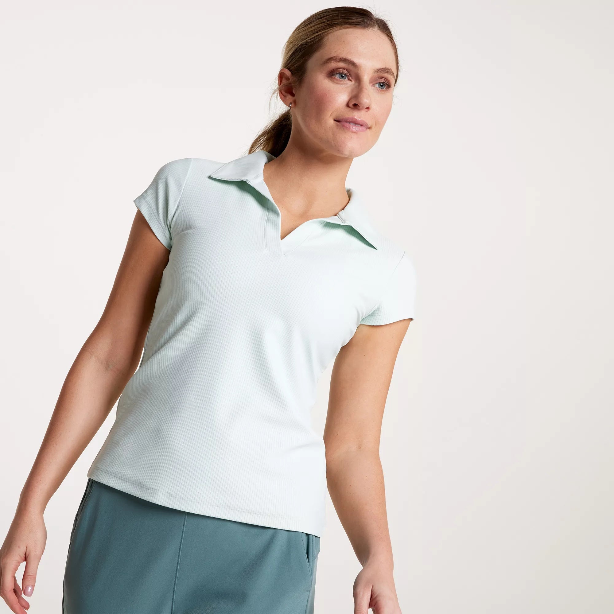 CALIA Women's Ribbed Johnny Collar Golf Polo, XL, Mint Candy Green
