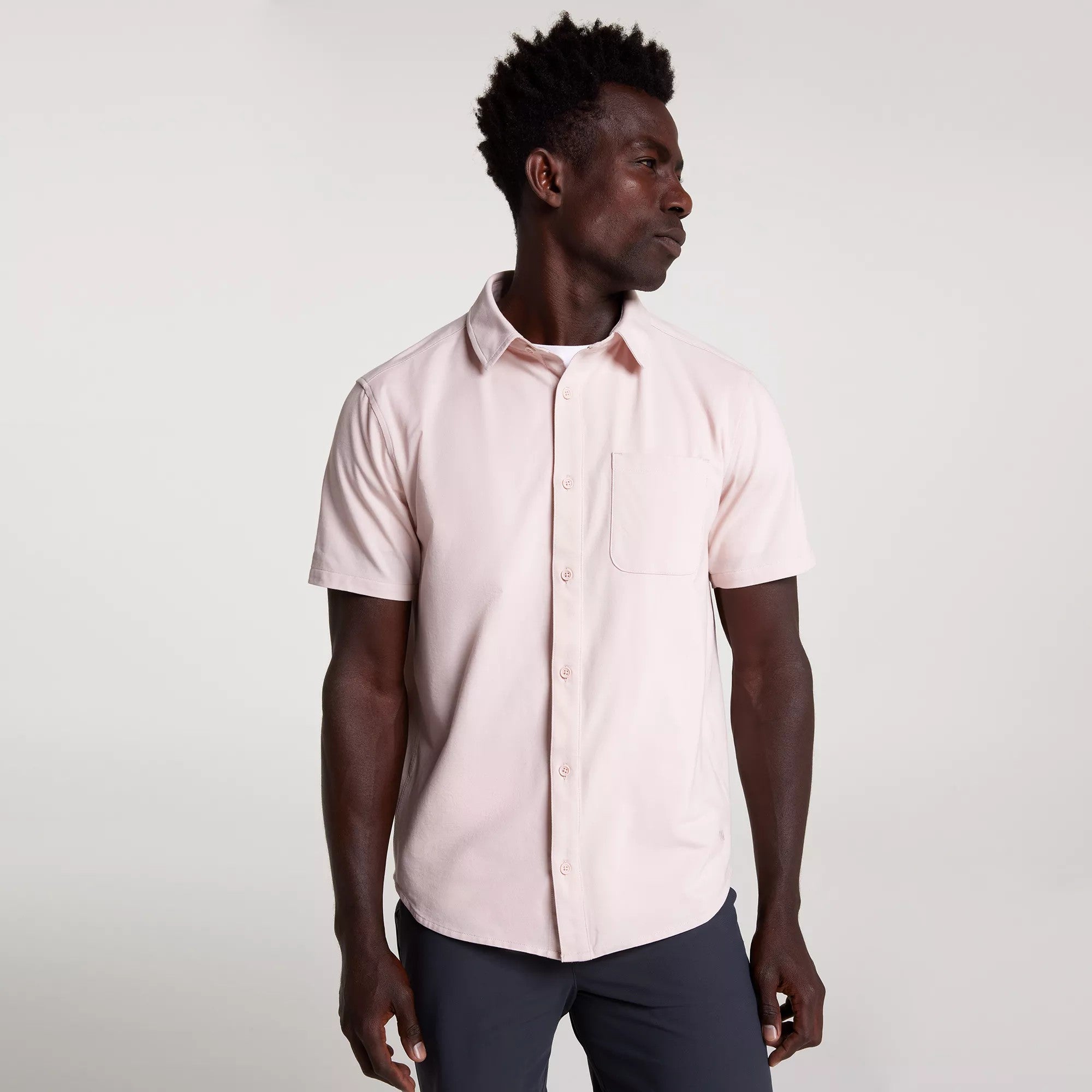 VRST Men's Refined Knit Short Sleeve Button up, Medium, Light Pink