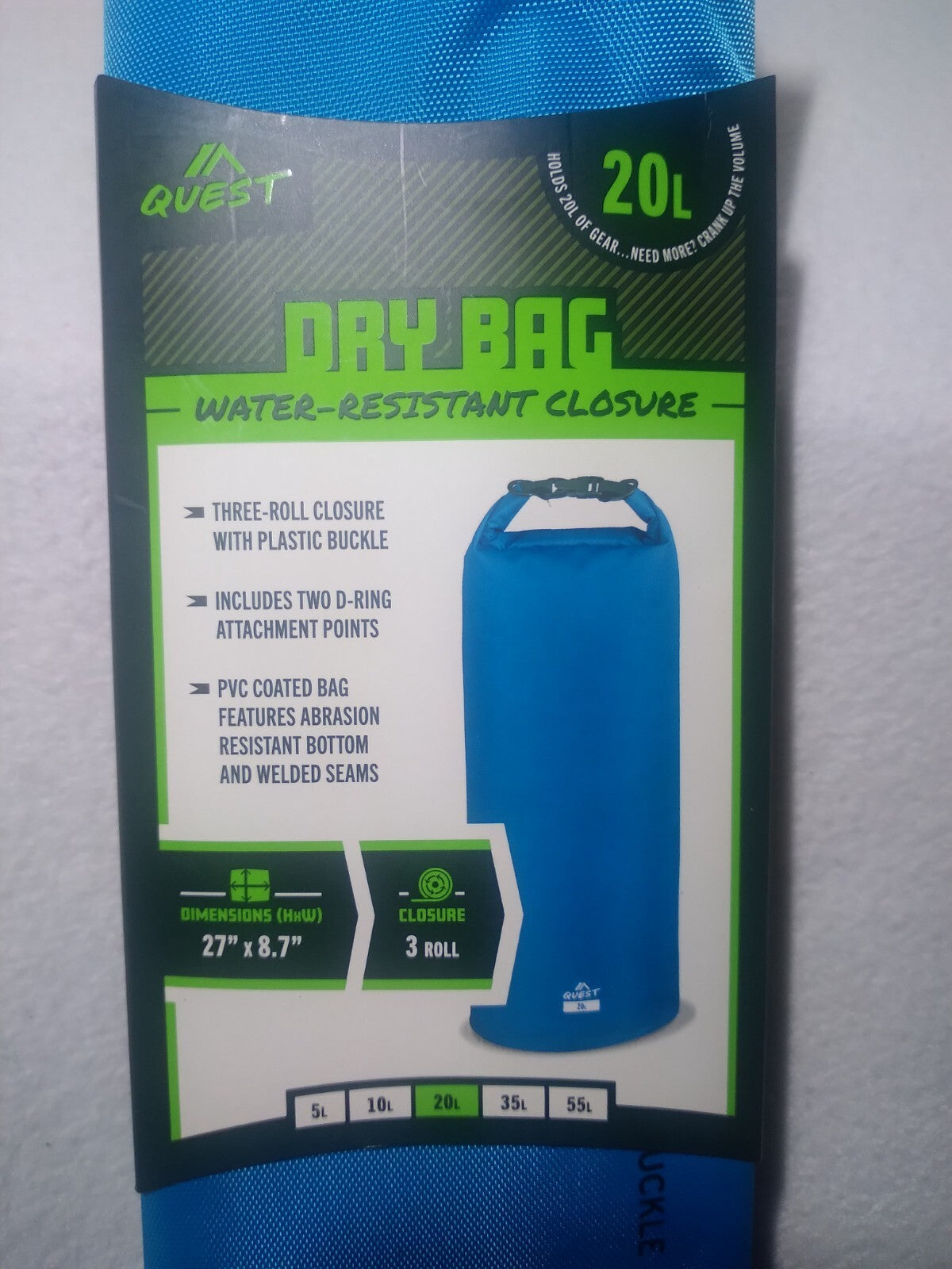 Quest 20L Fold Top Waterproof Dry Bag 20 Liter Blue 27" X 9" - NEW