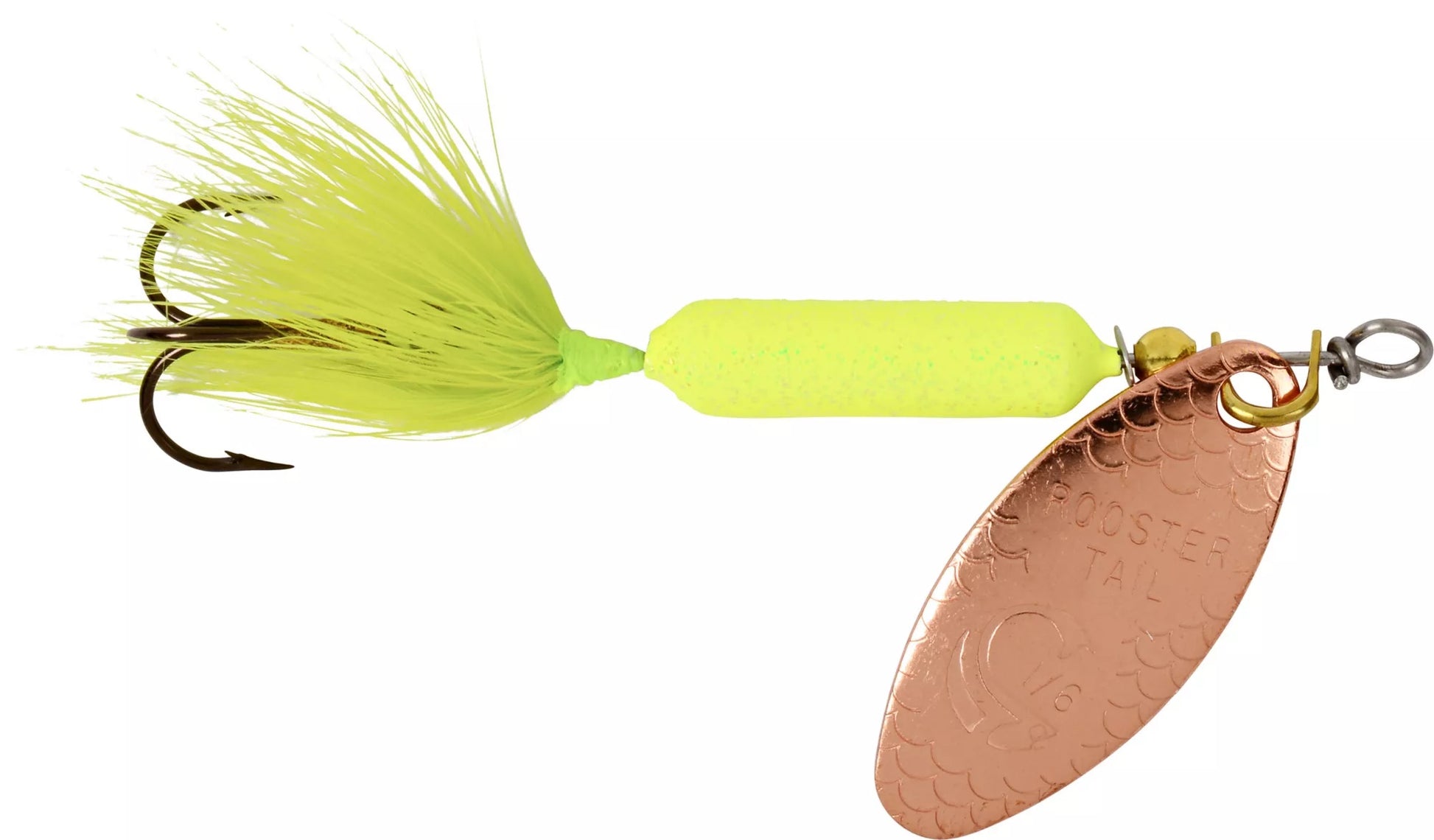 Yakima Bait Worden's Original Rooster Tail Spinners, Copper Glitter Chartreuse